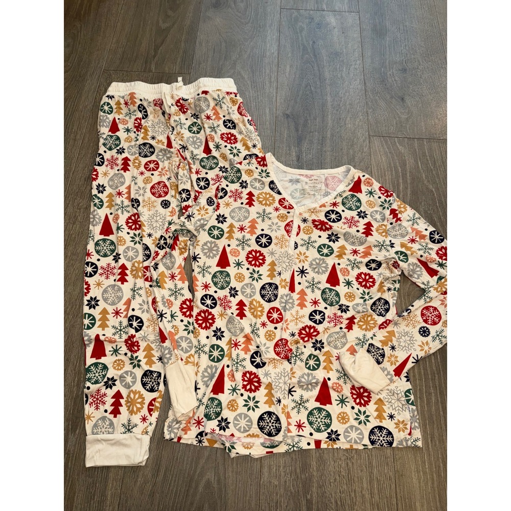 Little Sleepies Women Medium Bamboo Pajama Set Holiday Trees Snowflakes Lunaluxe